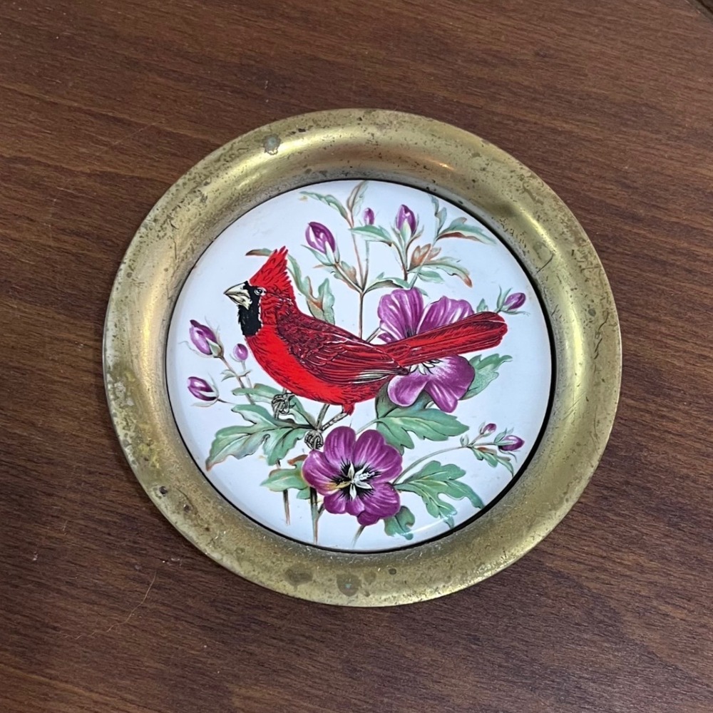 Vtg Metalsmith of Virginia Solid Brass Cardinal Bird Wall Hanging Coaster 4.25"